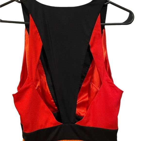 Bebe Orange Black Red Asymmetric High Low Cutout Geometric Colorblock Mini Dress - Picture 6 of 9